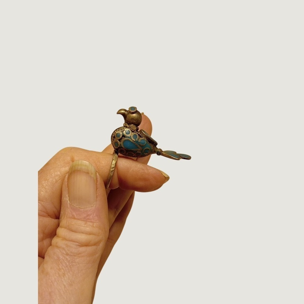 Vintage Cloisonne Enamel Bird Ring Gold Tone Turquoise Blue Filigree Statement